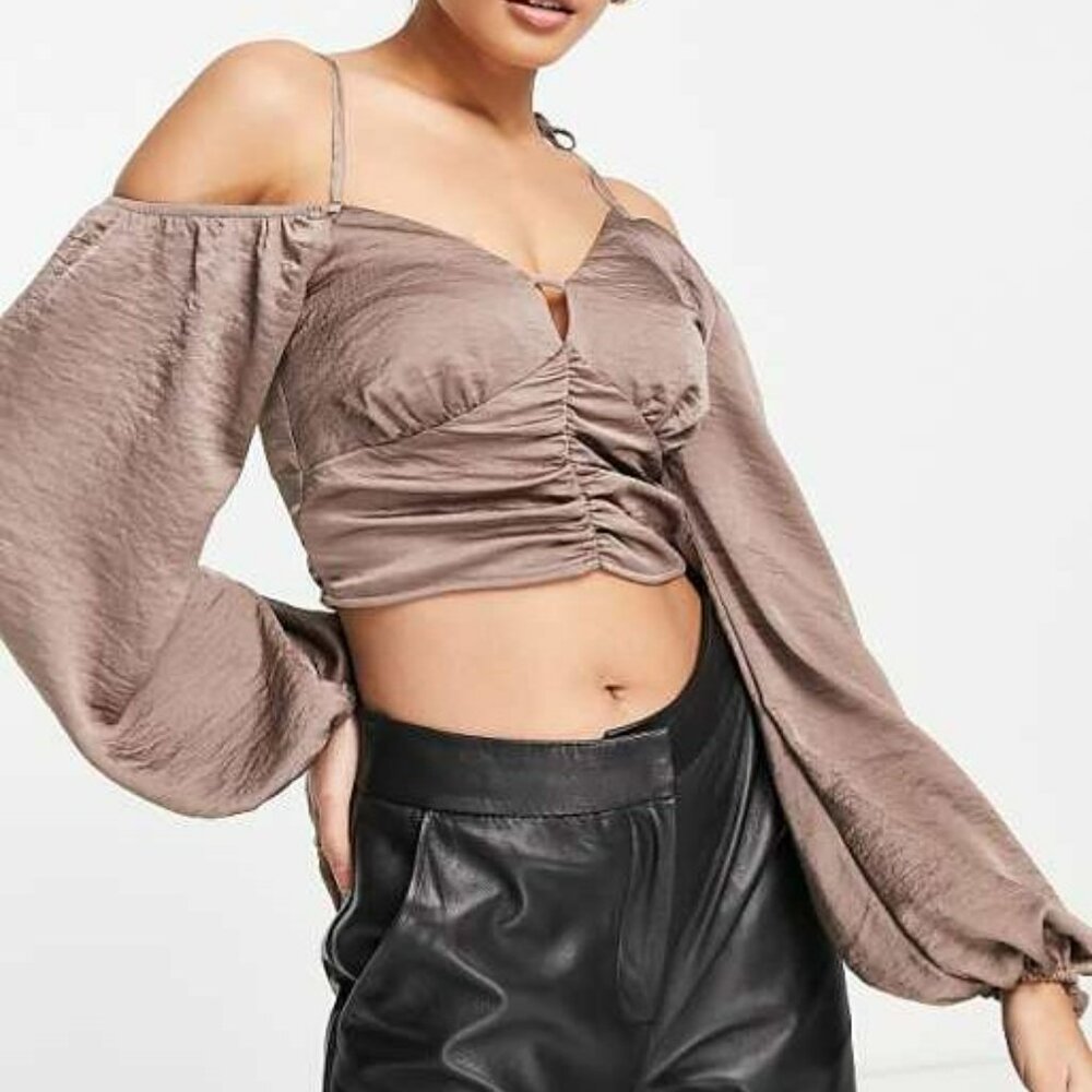 Topshop strappy gathered long sleeve crop top in mocha Sz 2 Festivals Night Out